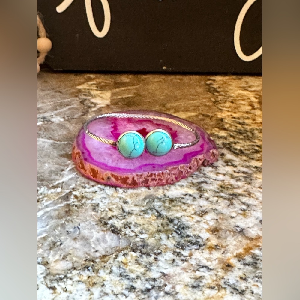 Silver Rope Turquoise Stretch Cuff Bracelet